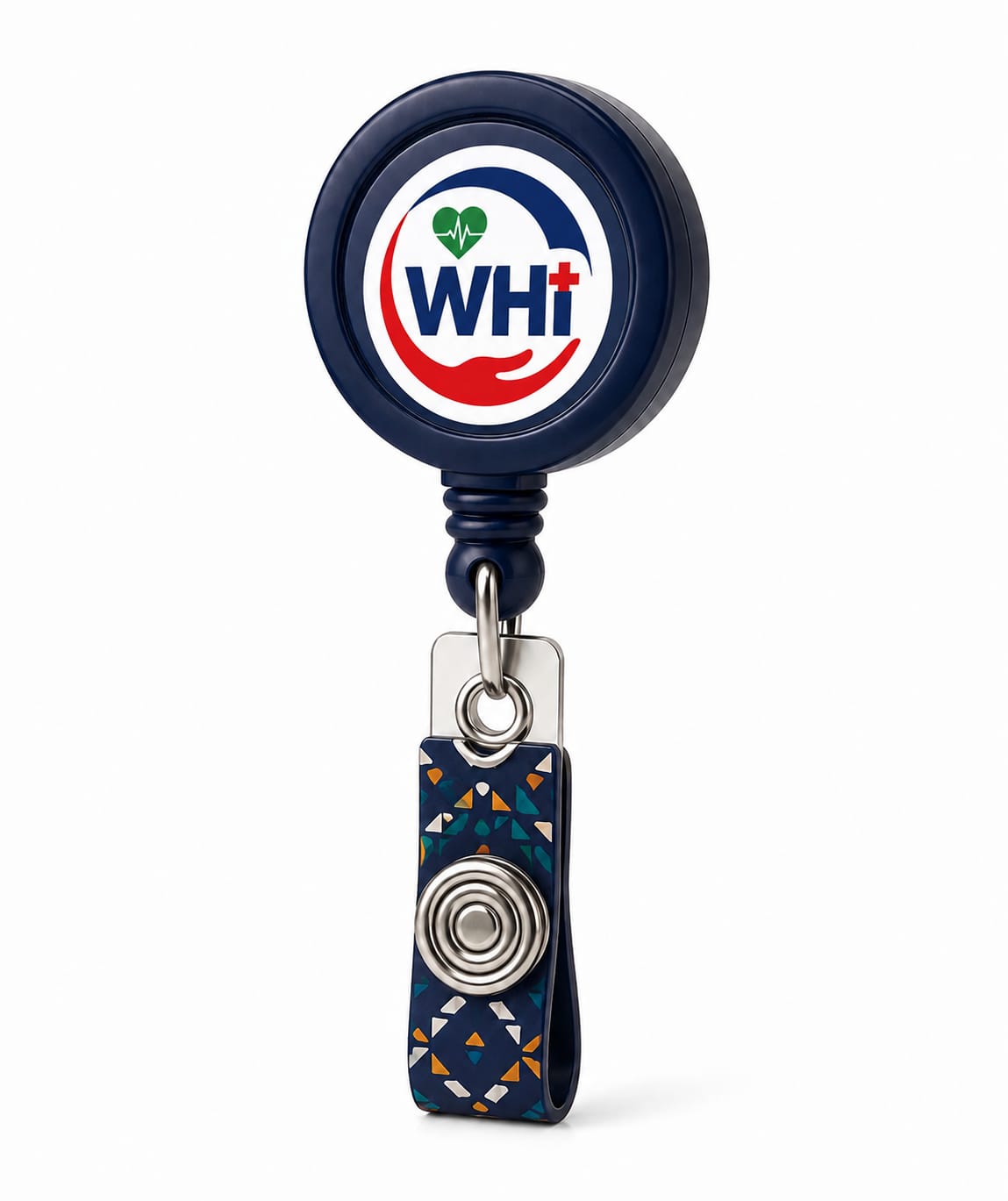 Wahero navy retractable badge reel with the WHi logo face and African-print snap strap