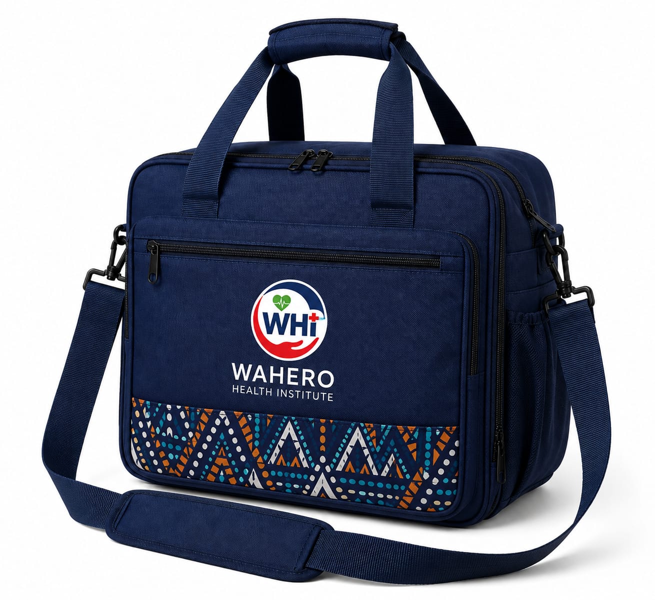 Wahero navy clinical carry bag with shoulder strap, front zip pocket, WHi logo and African-print band