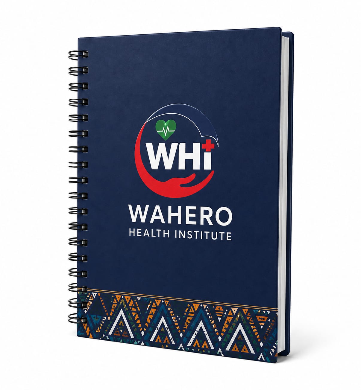 Wahero navy spiral hardcover notebook with the WHi logo and African-print band