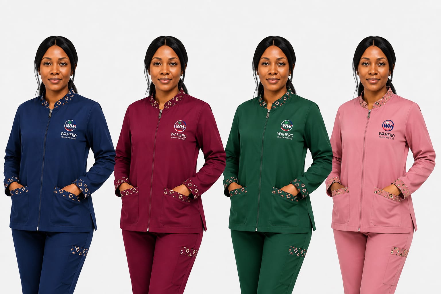 Wahero warm-up scrub jackets in navy, wine, hunter green and pink with zip front and African-print collar and cuffs